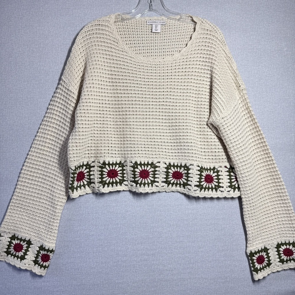 Sincerely Jules Sweater Womens L‎ White Crochet Floral Granny Square Pullover